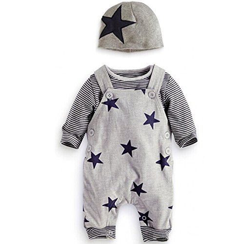 UUAISSO Baby Jungen Kleidung gestreift langärmelig Hemden Latzhose Overalls Hosen niedlicher Hut Herbst Outfits Grau 6-12 Monate von UUAISSO