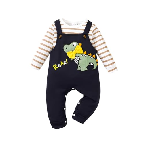 UUAISSO Baby Kleidung für Jungen Langärmelig Gestreiftes Oberteil Dinosaurier Aufdruck Overall Verstellbare Hosenträger Braun 6-12 Monate von UUAISSO
