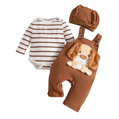 UUAISSO Baby Kleidung für Jungen Langärmelig Gestreiftes Oberteil Dinosaurier Aufdruck Overall Verstellbare Hosenträger Gestreiftes Khaki 12-18 Monate von UUAISSO