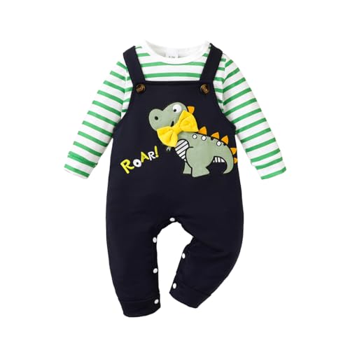 UUAISSO Baby Kleidung für Jungen Langärmelig Gestreiftes Oberteil Dinosaurier Aufdruck Overall Verstellbare Hosenträger Grün 0-3 Monate von UUAISSO