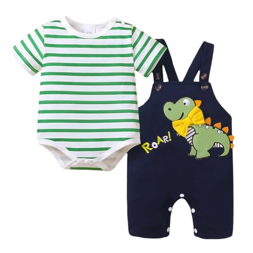UUAISSO Baby Kleidung für Jungen Langärmelig Gestreiftes Oberteil Dinosaurier Aufdruck Overall Verstellbare Hosenträger Grüner Dinosaurier 0-3 Monate von UUAISSO