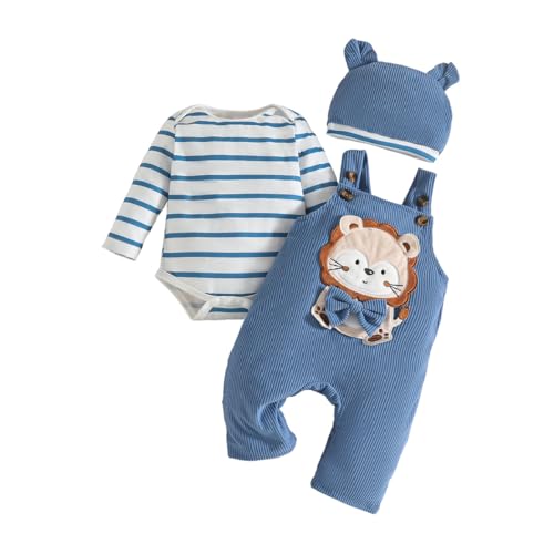 UUAISSO Baby Kleidung für Jungen Langärmelig Gestreiftes Oberteil Dinosaurier Aufdruck Overall Verstellbare Hosenträger Streifen blau 6-12 Monate von UUAISSO