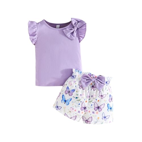 UUAISSO Baby Kleidung für Mädchen Gerüschtes Oberteil mit Schleife und Shorts mit Schmetterlingsdruck 6M-3T Baby Sommer Outfits Shorts Sets Lila 9–12 Monate von UUAISSO