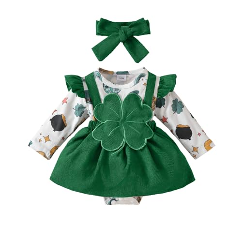 UUAISSO Baby Kleidung für Mädchen mit Herz Aufdruck Gerippter Strampler Einteiler Kleid Rüschen Body mit Schleife und Stirnband Grün 6-12 Monate von UUAISSO
