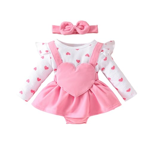 UUAISSO Baby Kleidung für Mädchen mit Herz Aufdruck Gerippter Strampler Einteiler Kleid Rüschen Body mit Schleife und Stirnband Herz rosa 3-6 Monate von UUAISSO