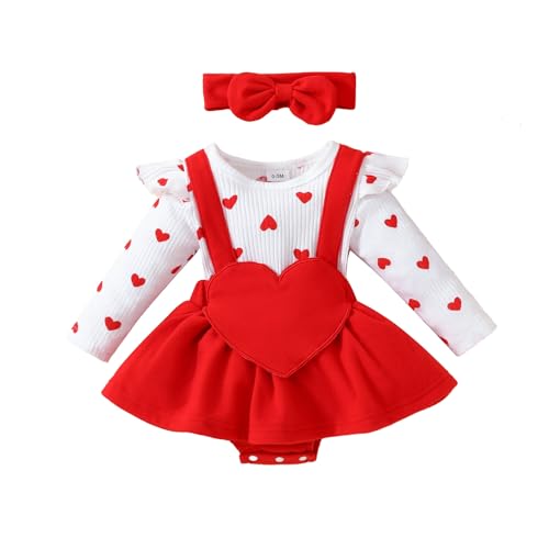 UUAISSO Baby Kleidung für Mädchen mit Herz Aufdruck Gerippter Strampler Einteiler Kleid Rüschen Body mit Schleife und Stirnband Herz rot 3-6 Monate von UUAISSO