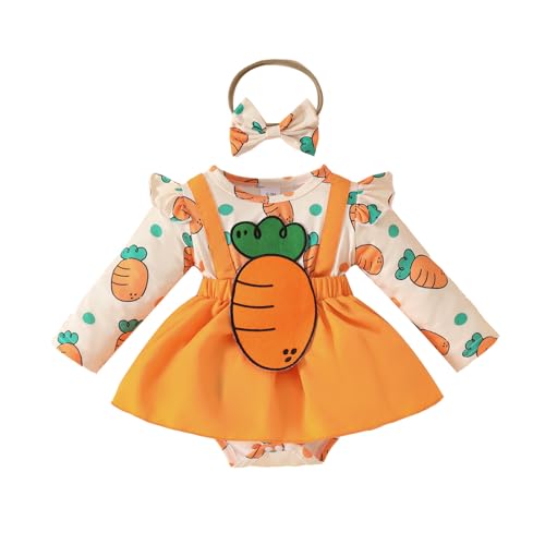 UUAISSO Baby Kleidung für Mädchen mit Herz Aufdruck Gerippter Strampler Einteiler Kleid Rüschen Body mit Schleife und Stirnband Orange 0-3 Monate von UUAISSO