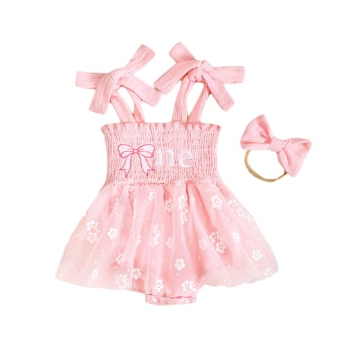 UUAISSO Baby Mädchen 1. Geburtstag Outfits Cake Smash Strampler Kleid Ärmellos Eine Stickerei Bodysuit Stirnband Sets Blumenrosa 6-12 Monate von UUAISSO