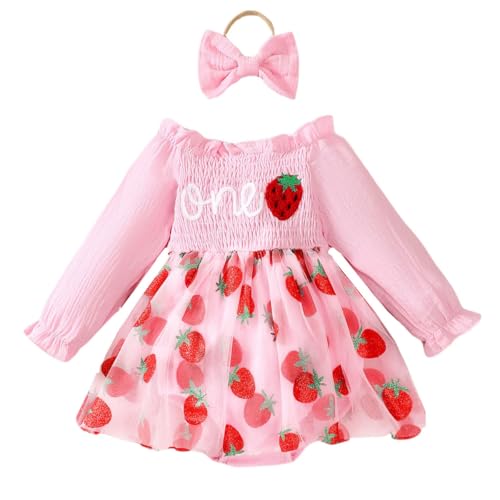 UUAISSO Baby Mädchen 1. Geburtstag Outfits Cake Smash Strampler Kleid Ärmellos Eine Stickerei Bodysuit Stirnband Sets Erdbeerrosa 9-12 Monate von UUAISSO