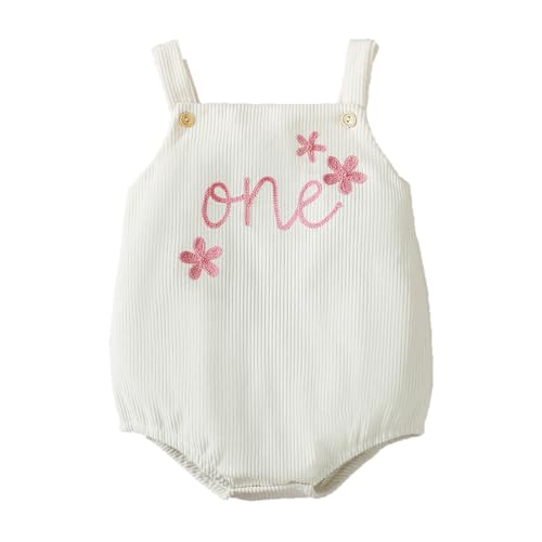 UUAISSO Baby Mädchen Erster Geburtstag Outfits Niedlich One Stickerei Sling Cord Strampler Sommer Body Cake Smash Jumpsuit Weiße Blume 6-12 Monate von UUAISSO