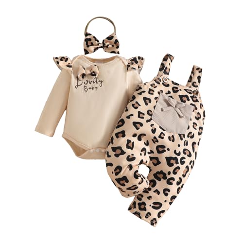 UUAISSO Baby Mädchen Kleidung Floral Tops Body Bär Latzhose Einstellbare Overalls Outfits Set Beiges Leopardenmuster 6-12 Monate von UUAISSO
