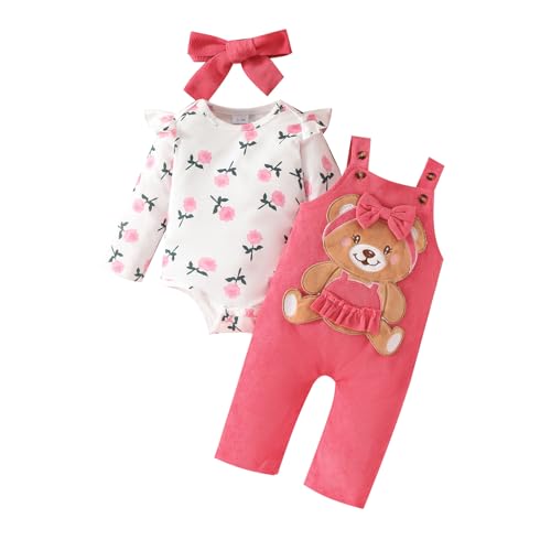 UUAISSO Baby Mädchen Kleidung Floral Tops Body Bär Latzhose Einstellbare Overalls Outfits Set Rosa Bär 3-6 Monate von UUAISSO