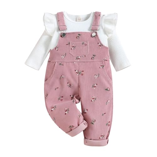 UUAISSO Baby Mädchen Kleidung Rippstrick Langärmelig Oberteile Blumenmuster Hosenträgerhose mit Tasche Outfits Sets rosa 18–24 Monate von UUAISSO