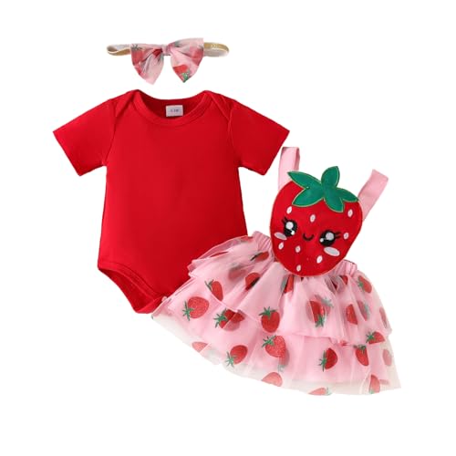 UUAISSO Baby Mädchen Kleidung für Neugeborene gerüschte Oberteile Sonnenblumen Hosenträgerröcke mit Stirnband Sommer Outfits Erdbeerrot 12–18 Monate von UUAISSO