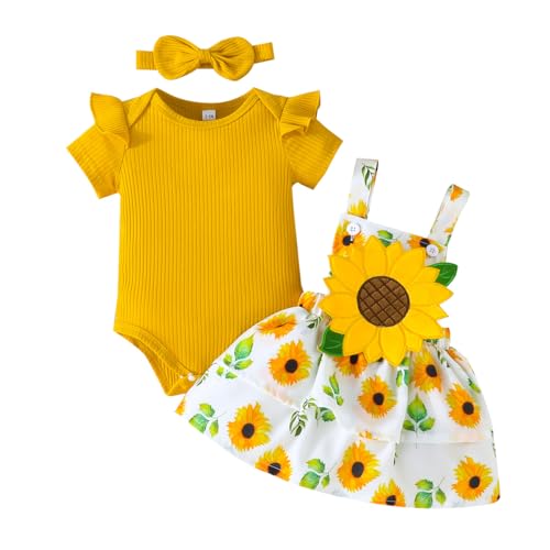 UUAISSO Baby Mädchen Kleidung für Neugeborene gerüschte Oberteile Sonnenblumen Hosenträgerröcke mit Stirnband Sommer Outfits Gelb 6–12 Monate von UUAISSO