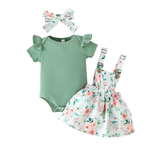 UUAISSO Baby Mädchen Kleidung für Neugeborene gerüschte Oberteile Sonnenblumen Hosenträgerröcke mit Stirnband Sommer Outfits Hellgrün 6–12 Monate von UUAISSO