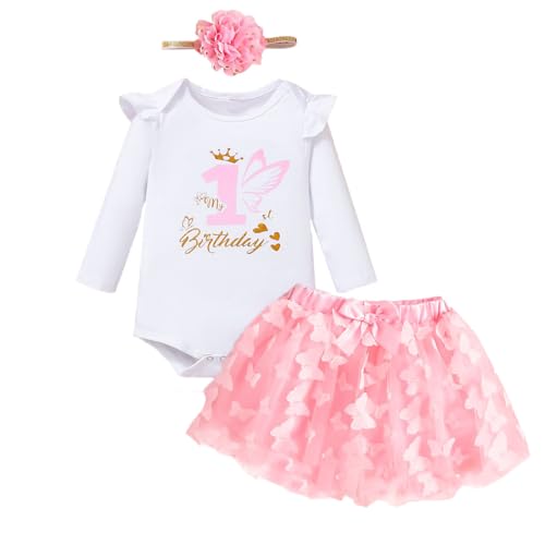 UUAISSO Baby Mädchen Mein 1. Geburtstag Outfits Kurzarm Cake Smash Rock Pailletten Tutu Prinzessin Kleid Kleidung Sets Lange Ärmel Schmetterling 1st 12 Monate von UUAISSO