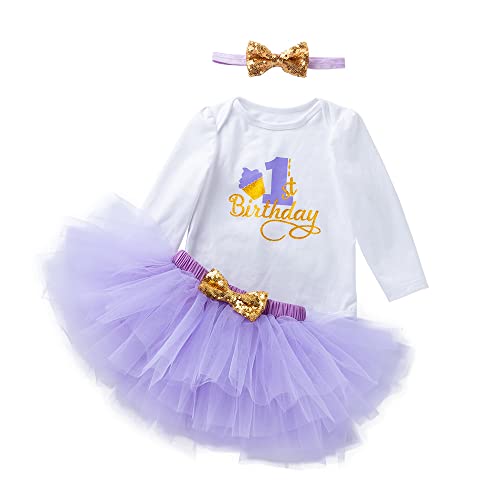 UUAISSO Baby Mädchen My 1st Birthday Outfits Langarm Strampler Tutu Rock mit Stirnband Säuglingskleidung Geburtstag Sets Lila1 1 Jahr von UUAISSO