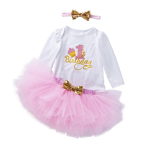 UUAISSO Baby Mädchen My 1st Birthday Outfits Langarm Strampler Tutu Rock mit Stirnband Säuglingskleidung Geburtstag Sets Rosa1 1 Jahr von UUAISSO