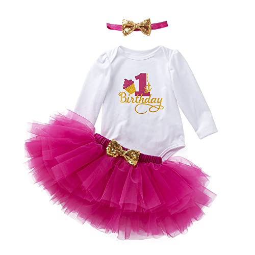 UUAISSO Baby Mädchen My 1st Birthday Outfits Langarm Strampler Tutu Rock mit Stirnband Säuglingskleidung Geburtstag Sets Lange Ärmel Rosenrot1 1 Jahr von UUAISSO