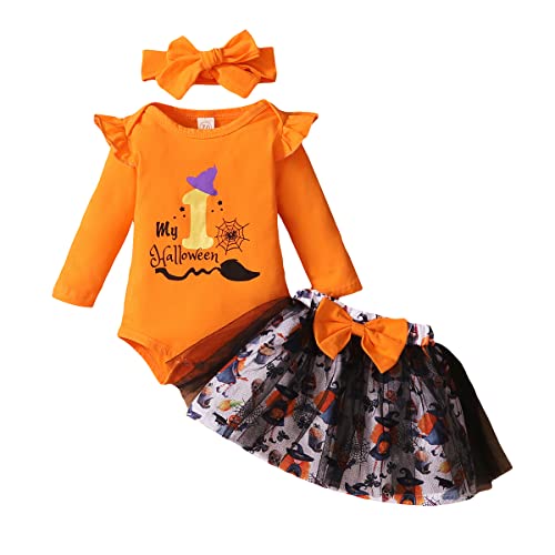 UUAISSO Baby Mädchen My 1st Halloween Kleidung Kürbisdruck Langarm Strampler + Schleifenrock + Häschen Stirnband Herbst Outfits Sets orange2 0-3 Monate von UUAISSO