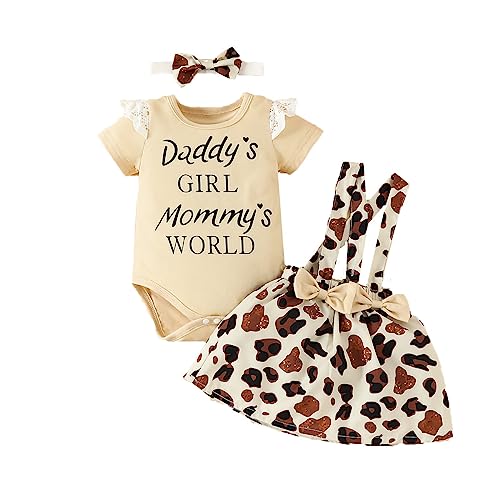 UUAISSO Baby Mädchen Sommer Outfit Sets Rüschen Kurzarm Strampler Hosenträger Rock mit niedlichen Stirnband Kleinkind Mädchen Kleidung Sets Leopard 0-3 Monate von UUAISSO