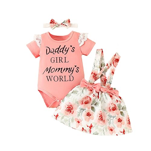 UUAISSO Baby Mädchen Sommer Outfit Sets Rüschen Kurzarm Strampler Hosenträger Rock mit niedlichen Stirnband Kleinkind Mädchen Kleidung Sets Rosa 12-18 Monate von UUAISSO