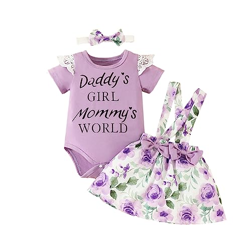 UUAISSO Baby Mädchen Sommer Outfit Sets Rüschen Kurzarm Strampler Hosenträger Rock mit niedlichen Stirnband Kleinkind Mädchen Kleidung Sets lila 0-3 Monate von UUAISSO