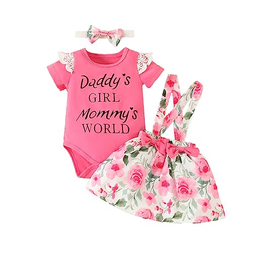 UUAISSO Baby Mädchen Sommer Outfit Sets Rüschen Kurzarm Strampler Hosenträger Rock mit niedlichen Stirnband Kleinkind Mädchen Kleidung Sets rosarot 6-12 Monate von UUAISSO