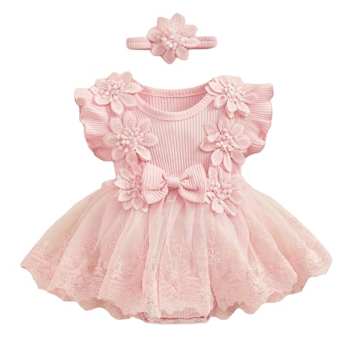 UUAISSO Baby Mädchen Sommerkleidung Spitzen-Strampler Erdbeer-Druck Ärmelloser Body Kleid Stirnband Sets Neugeborene Outfits Rosa 12-18 Monate von UUAISSO