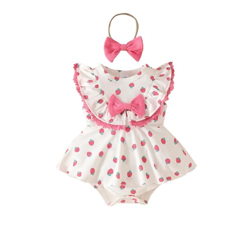 UUAISSO Baby Mädchen Sommerkleidung Spitzen-Strampler Erdbeer-Druck Ärmelloser Body Kleid Stirnband Sets Neugeborene Outfits Rosa Erdbeere 0-3 Monate von UUAISSO