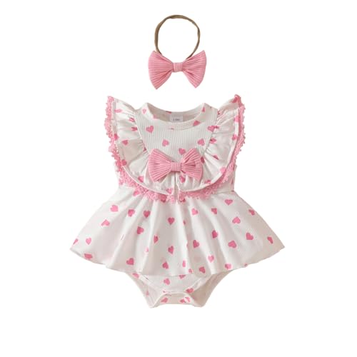 UUAISSO Baby Mädchen Sommerkleidung Spitzen-Strampler Erdbeer-Druck Ärmelloser Body Kleid Stirnband Sets Neugeborene Outfits Rosa Herz 6-12 Monate von UUAISSO