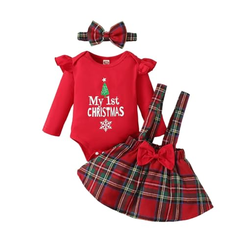 UUAISSO Baby Mädchen Weihnachtskleidung Langarm Strampler Hosenträger Plaid Rock Set Neugeborenen Outfit Rot 0-3 Monate von UUAISSO