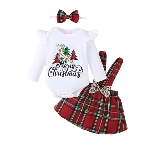UUAISSO Baby Mädchen Weihnachtskleidung Langarm Strampler Hosenträger Plaid Rock Set Neugeborenen Outfit Weiß 6-12 Monate von UUAISSO