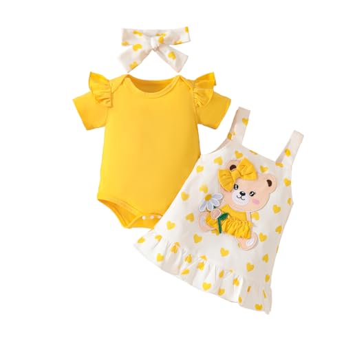 UUAISSO Baby Outfits für Mädchen mit Herz Print kurzärmelig Strampler Hosenträgerrock Bären Kleid Schleife Stirnband 0-18 Monate Huangse-Bär 3-6 Monate von UUAISSO