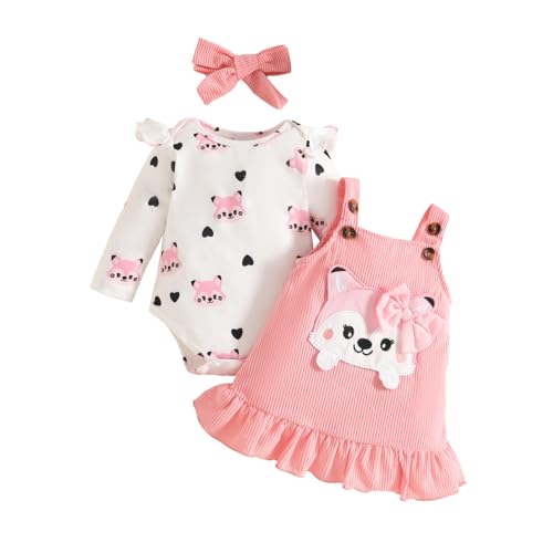 UUAISSO Baby Outfits für Mädchen mit Herz Print kurzärmelig Strampler Hosenträgerrock Bären Kleid Schleife Stirnband 0-18 Monate Langarm Rosa Fuchs 0-3 Monate von UUAISSO