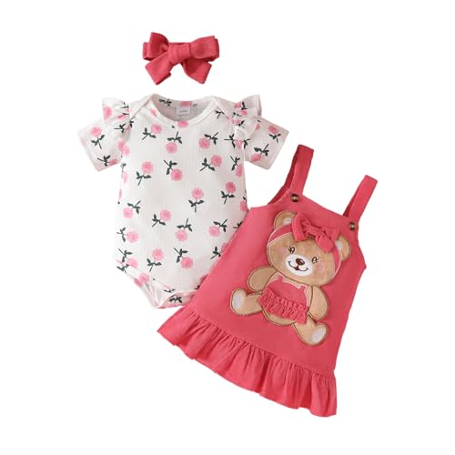 UUAISSO Baby Outfits für Mädchen mit Herz Print kurzärmelig Strampler Hosenträgerrock Bären Kleid Schleife Stirnband 0-18 Monate Rosa 0-3 Monate von UUAISSO