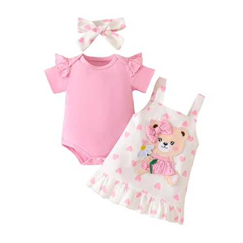 UUAISSO Baby Outfits für Mädchen mit Herz Print kurzärmelig Strampler Hosenträgerrock Bären Kleid Schleife Stirnband 0-18 Monate Rosa Bär 0-3 Monate von UUAISSO