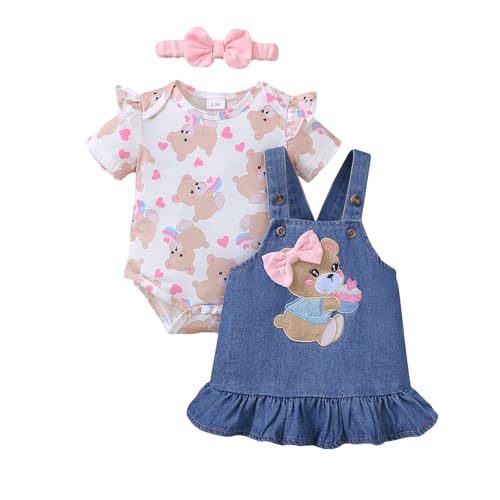 UUAISSO Baby Outfits für Mädchen mit Herz Print kurzärmelig Strampler Hosenträgerrock Bären Kleid Schleife Stirnband 0-18 Monate Rosa Blüten 12-18 Monate von UUAISSO