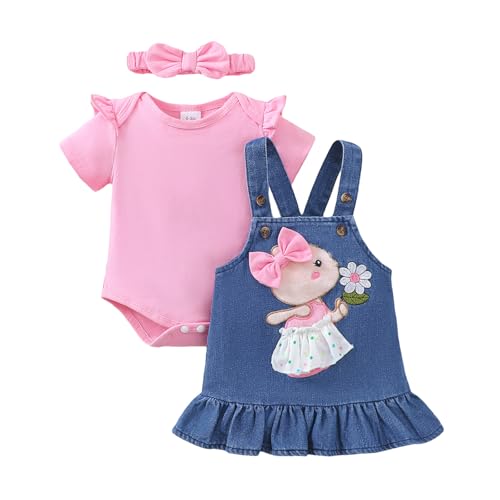 UUAISSO Baby Outfits für Mädchen mit Herz Print kurzärmelig Strampler Hosenträgerrock Bären Kleid Schleife Stirnband 0-18 Monate Rosa Denim 6-12 Monate von UUAISSO