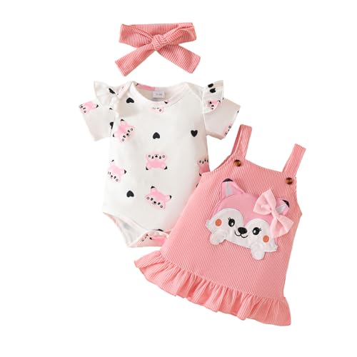 UUAISSO Baby Outfits für Mädchen mit Herz Print kurzärmelig Strampler Hosenträgerrock Bären Kleid Schleife Stirnband 0-18 Monate Rosa Fuchs 12-18 Monate von UUAISSO