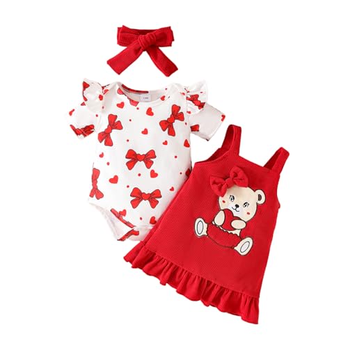 UUAISSO Baby Outfits für Mädchen mit Herz Print kurzärmelig Strampler Hosenträgerrock Bären Kleid Schleife Stirnband 0-18 Monate Rot 0-3 Monate von UUAISSO