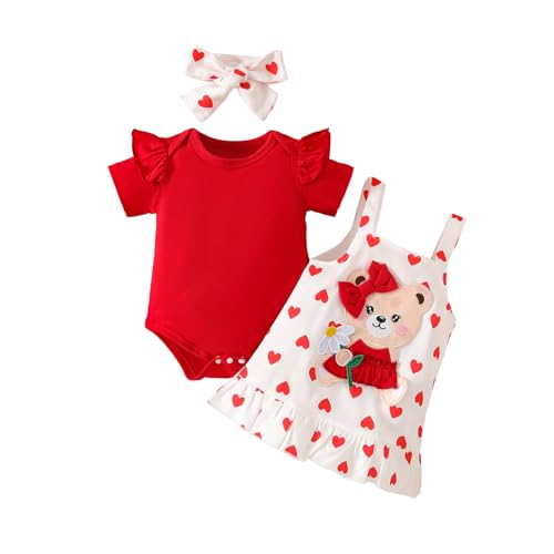 UUAISSO Baby Outfits für Mädchen mit Herz Print kurzärmelig Strampler Hosenträgerrock Bären Kleid Schleife Stirnband 0-18 Monate Roter Bär 0-3 Monate von UUAISSO