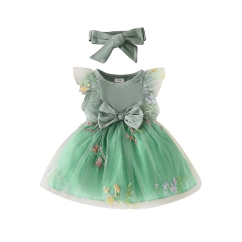 UUAISSO Babykleidung für Neugeborene Mädchen Gerüschtes Kleid mit Blumendruck Sommer Outfits Süßes Schleifen Stirnband Rock Set Grün 6-12 Monate von UUAISSO