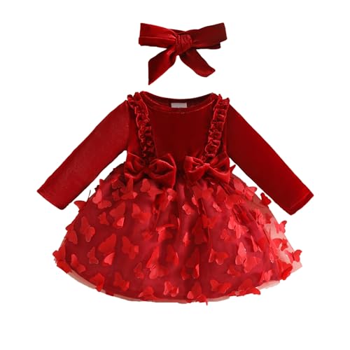 UUAISSO Babykleidung für Neugeborene Mädchen Gerüschtes Kleid mit Blumendruck Sommer Outfits Süßes Schleifen Stirnband Rock Set Langarm Rotwein 6-12 Monate von UUAISSO