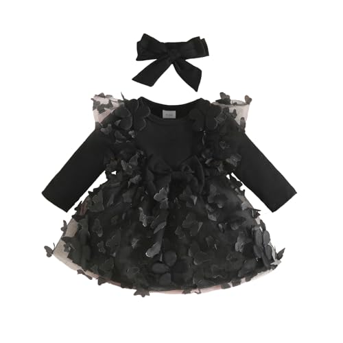 UUAISSO Babykleidung für Neugeborene Mädchen Gerüschtes Kleid mit Blumendruck Sommer Outfits Süßes Schleifen Stirnband Rock Set Langarm Schwarz 6-12 Monate von UUAISSO