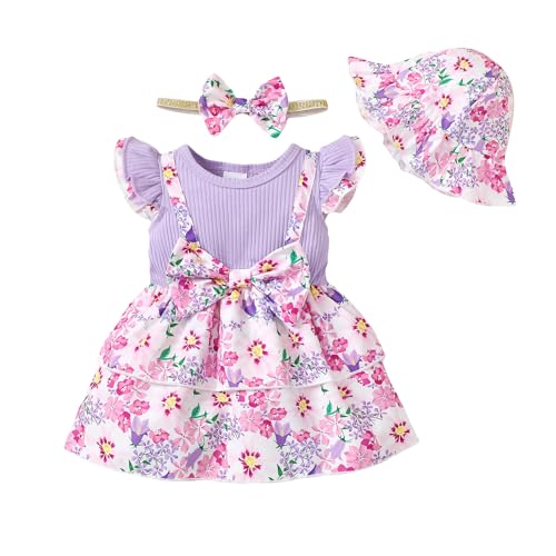 UUAISSO Babykleidung für Neugeborene Mädchen Gerüschtes Kleid mit Blumendruck Sommer Outfits Süßes Schleifen Stirnband Rock Set Lila 12-18 Monate von UUAISSO