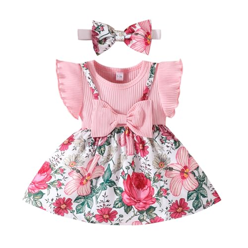 UUAISSO Babykleidung für Neugeborene Mädchen Gerüschtes Kleid mit Blumendruck Sommer Outfits Süßes Schleifen Stirnband Rock Set Rosa 0-3 Monate von UUAISSO
