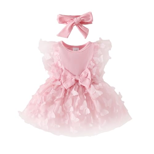 UUAISSO Babykleidung für Neugeborene Mädchen Gerüschtes Kleid mit Blumendruck Sommer Outfits Süßes Schleifen Stirnband Rock Set Rosa Schmetterling 3-6 Monate von UUAISSO