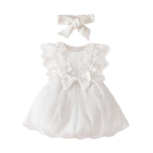 UUAISSO Babykleidung für Neugeborene Mädchen Gerüschtes Kleid mit Blumendruck Sommer Outfits Süßes Schleifen Stirnband Rock Set Weiße Spitze 6-12 Monate von UUAISSO